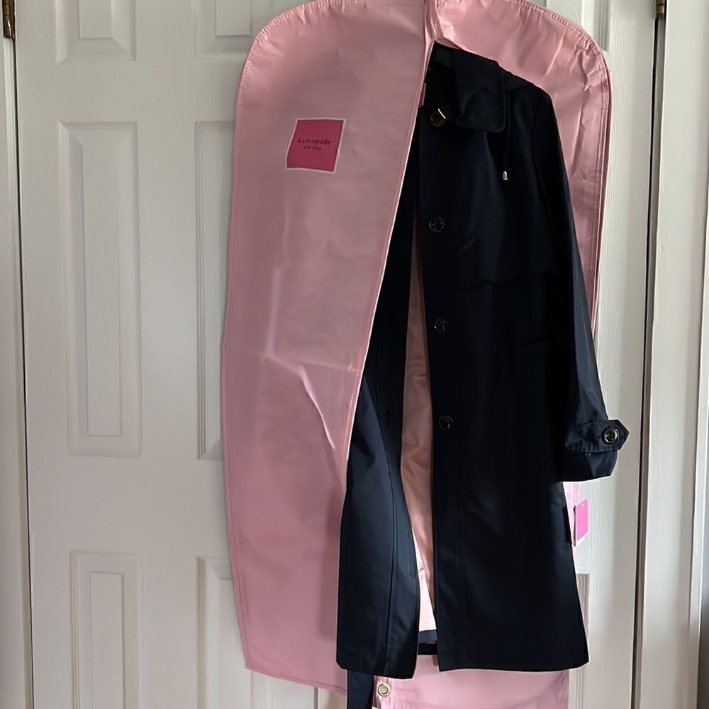 Kate Spade Scalloped Hooded Trench Coat Navy Blue Size S - Picture 2 of 16